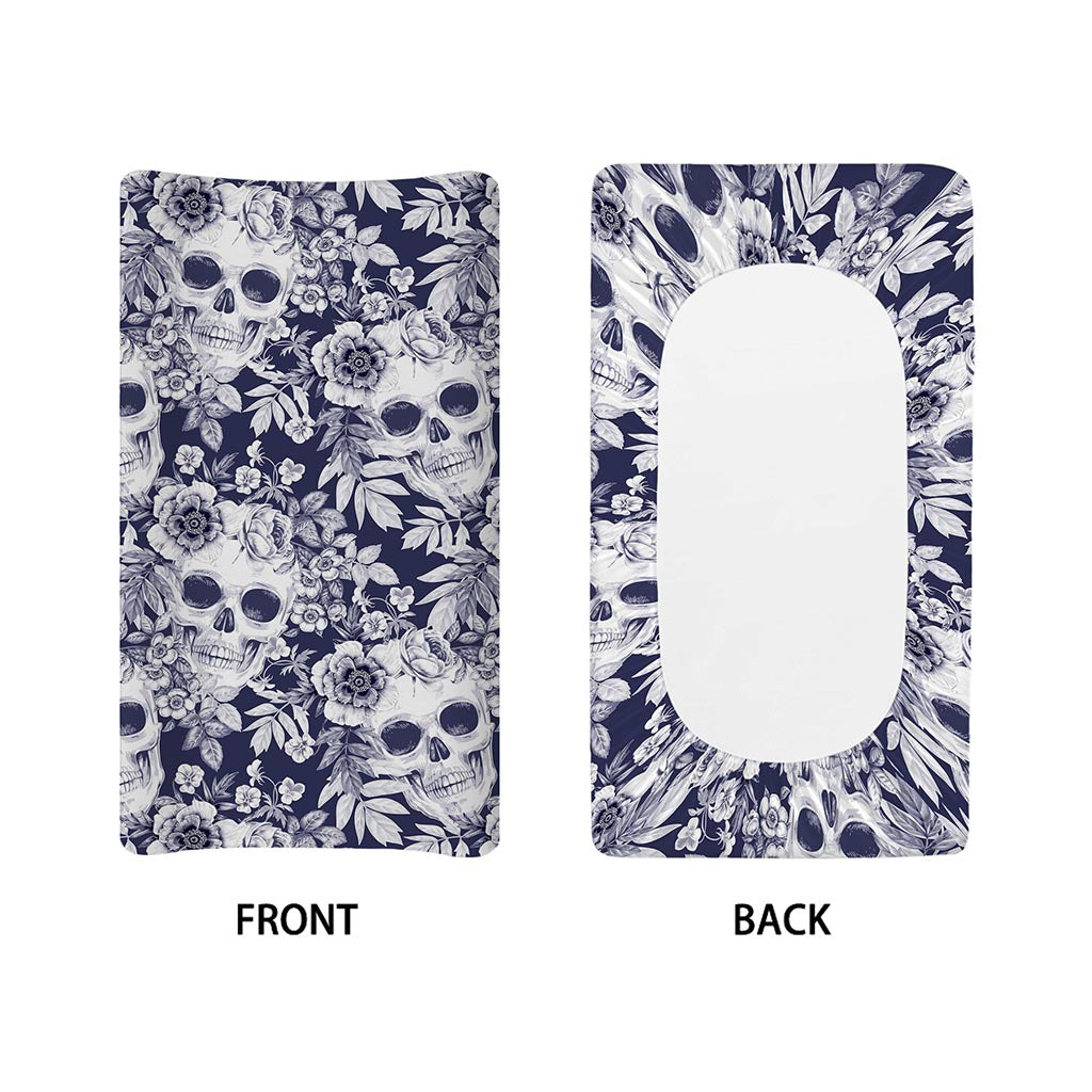 White Blue Skull Floral Pattern Print Changing Pad Cover