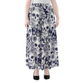 White Blue Skull Floral Pattern Print Chiffon Maxi Skirt