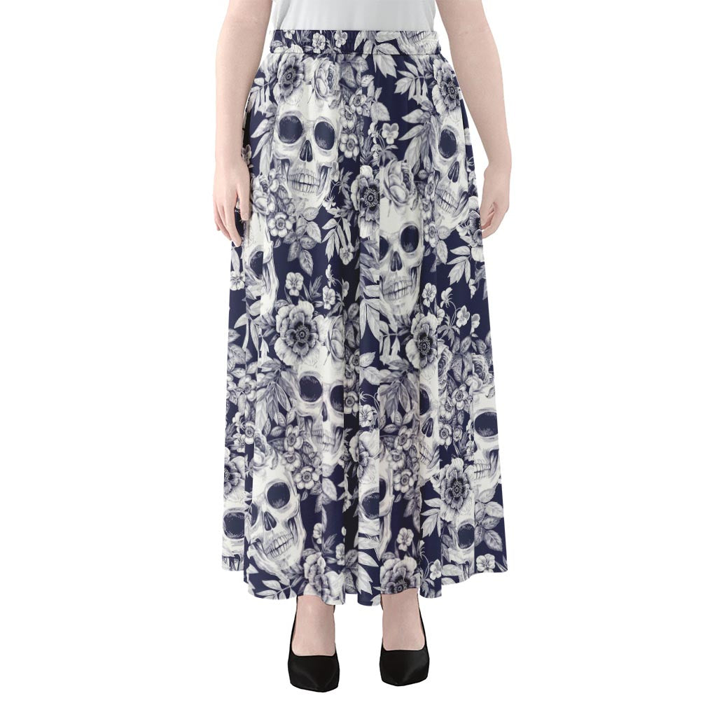 White Blue Skull Floral Pattern Print Chiffon Maxi Skirt