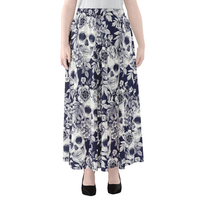 White Blue Skull Floral Pattern Print Chiffon Maxi Skirt