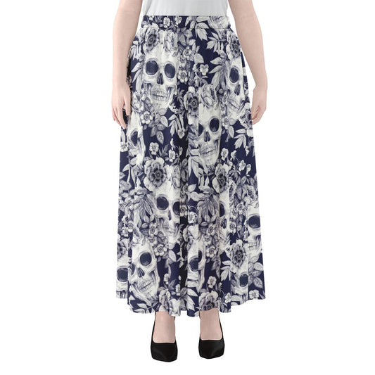 White Blue Skull Floral Pattern Print Chiffon Maxi Skirt
