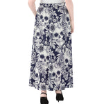 White Blue Skull Floral Pattern Print Chiffon Maxi Skirt