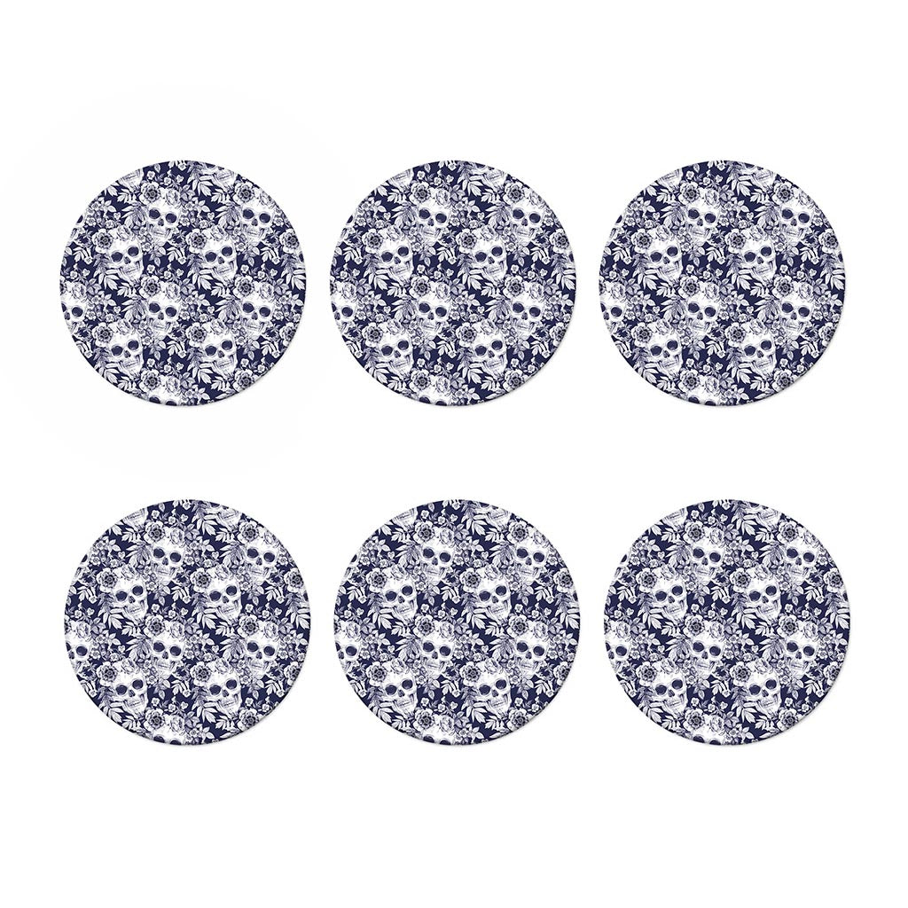 White Blue Skull Floral Pattern Print Coaster Set