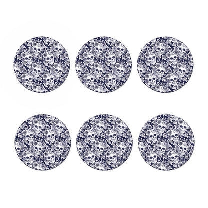 White Blue Skull Floral Pattern Print Coaster Set