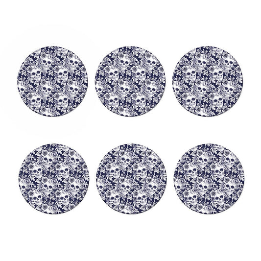 White Blue Skull Floral Pattern Print Coaster Set