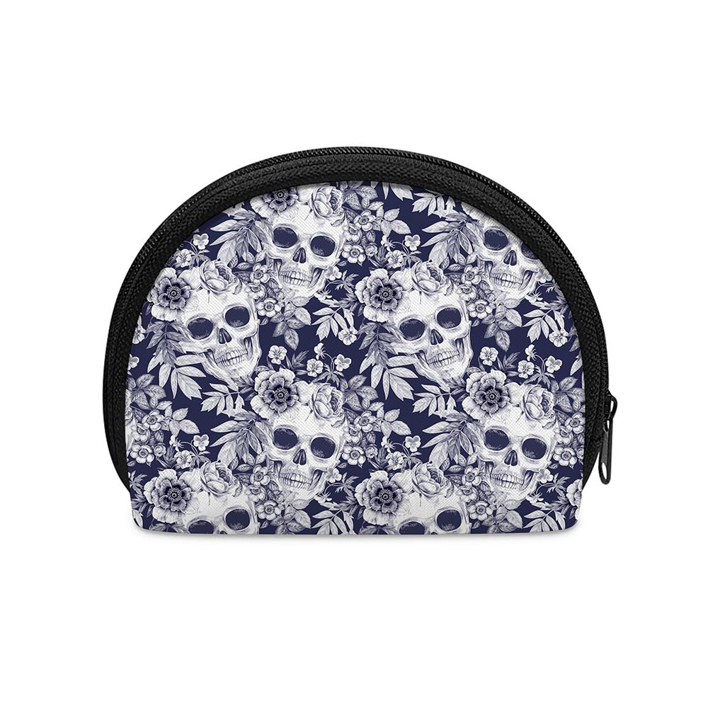 White Blue Skull Floral Pattern Print Coin Purse