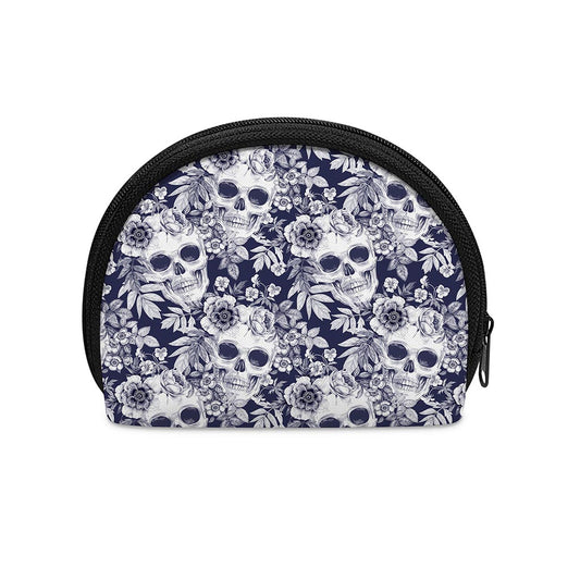 White Blue Skull Floral Pattern Print Coin Purse