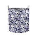 White Blue Skull Floral Pattern Print Collapsible Laundry Basket