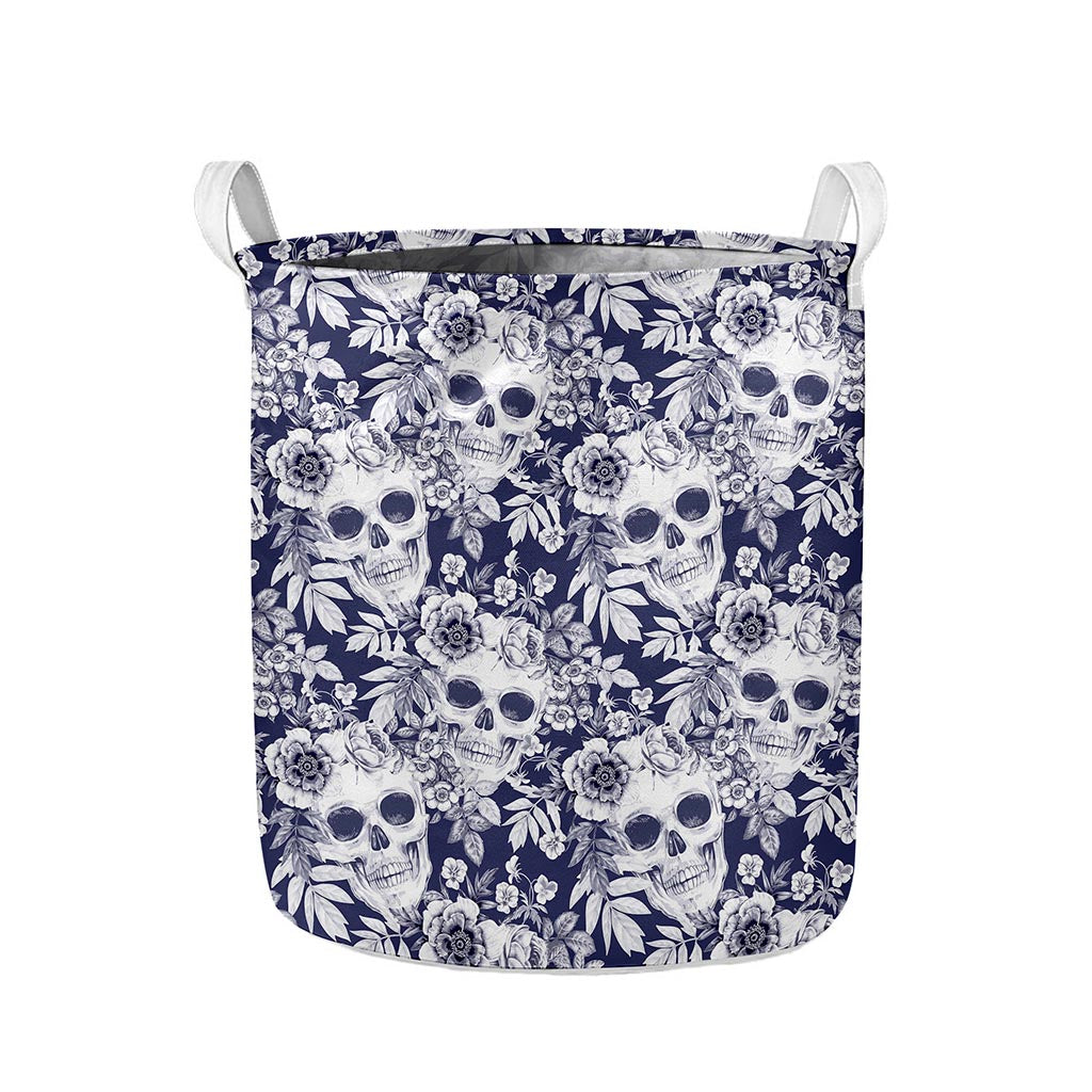 White Blue Skull Floral Pattern Print Collapsible Laundry Basket