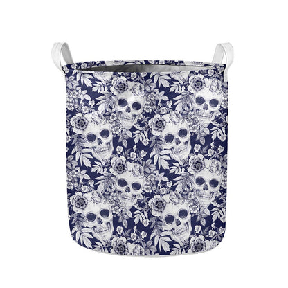 White Blue Skull Floral Pattern Print Collapsible Laundry Basket