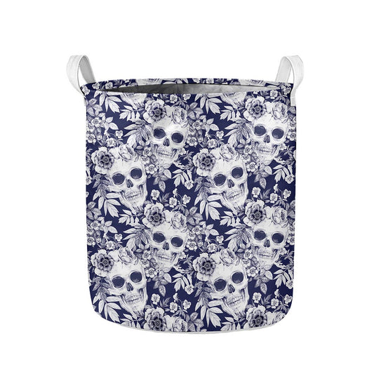 White Blue Skull Floral Pattern Print Collapsible Laundry Basket