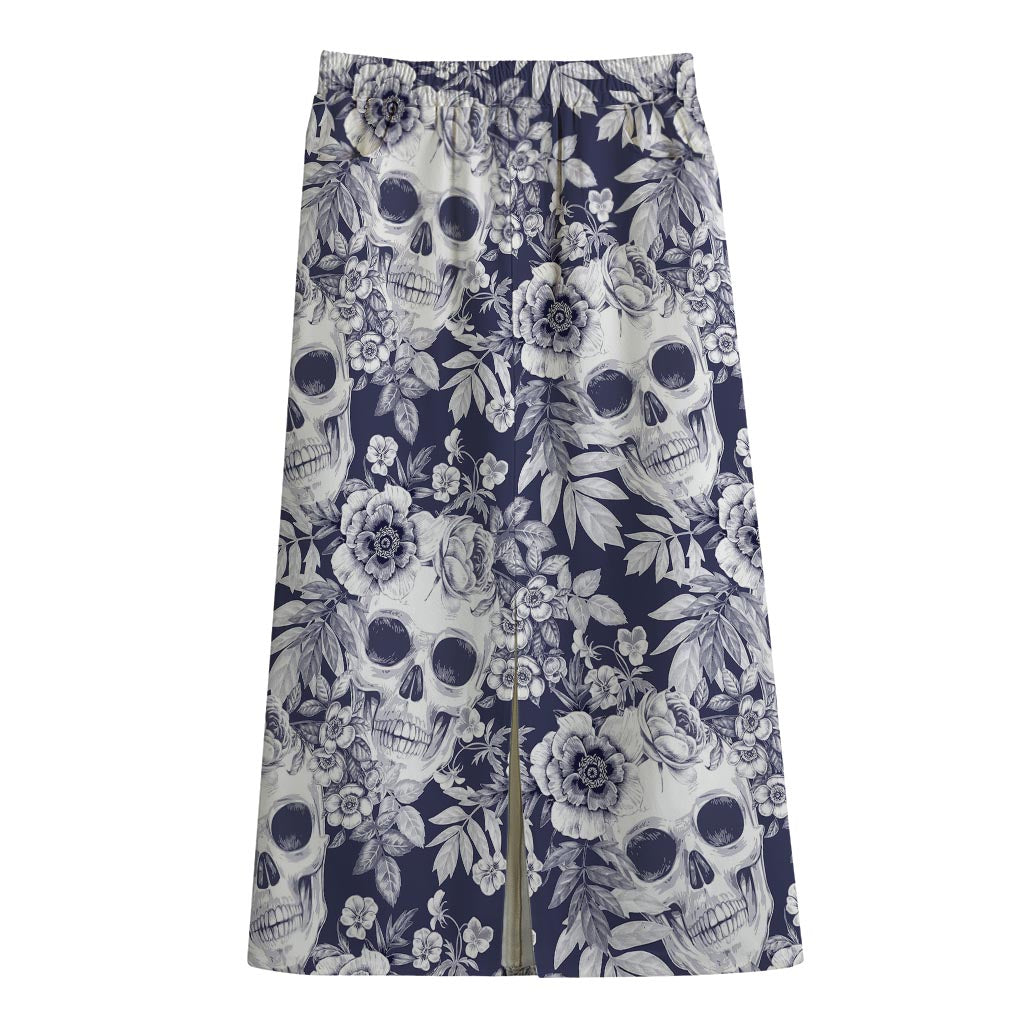 White Blue Skull Floral Pattern Print Cotton Front Slit Maxi Skirt