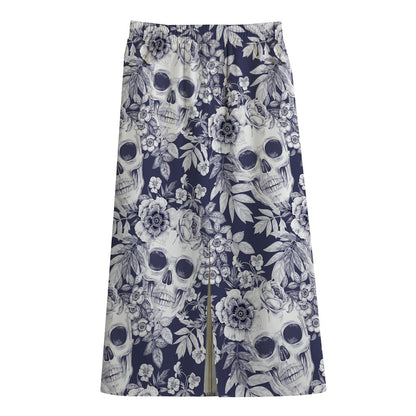 White Blue Skull Floral Pattern Print Cotton Front Slit Maxi Skirt