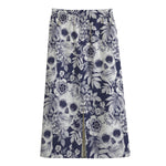 White Blue Skull Floral Pattern Print Cotton Front Slit Maxi Skirt