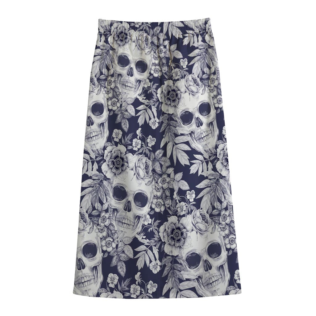White Blue Skull Floral Pattern Print Cotton Front Slit Maxi Skirt
