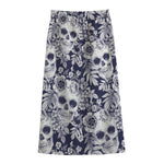 White Blue Skull Floral Pattern Print Cotton Front Slit Maxi Skirt
