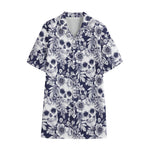 White Blue Skull Floral Pattern Print Cotton Hawaiian Shirt