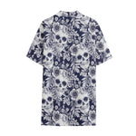White Blue Skull Floral Pattern Print Cotton Hawaiian Shirt