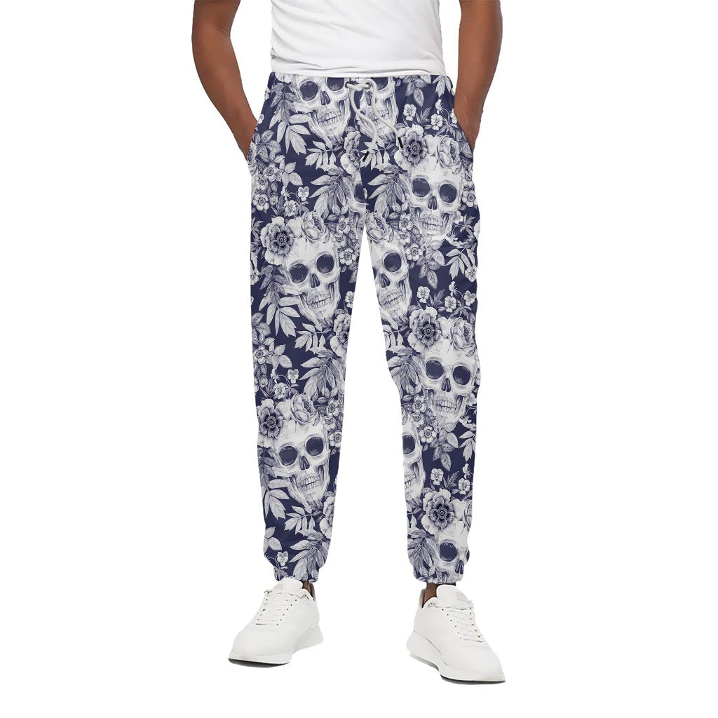 White Blue Skull Floral Pattern Print Cotton Pants