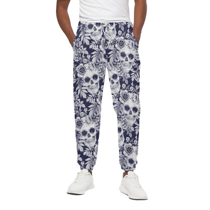 White Blue Skull Floral Pattern Print Cotton Pants