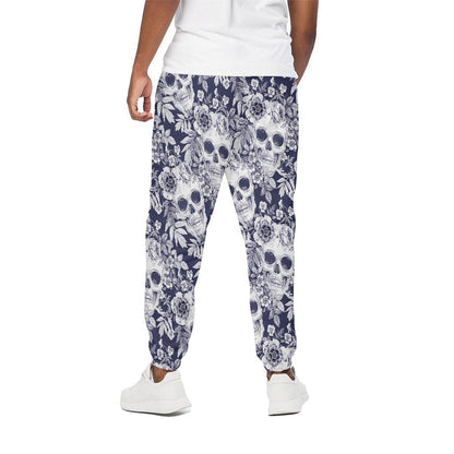 White Blue Skull Floral Pattern Print Cotton Pants