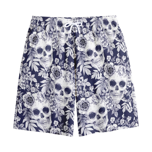 White Blue Skull Floral Pattern Print Cotton Shorts