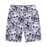White Blue Skull Floral Pattern Print Cotton Shorts