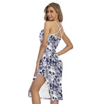 White Blue Skull Floral Pattern Print Cross Back Cami Dress