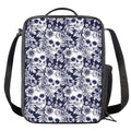 White Blue Skull Floral Pattern Print Crossbody Lunch Bag