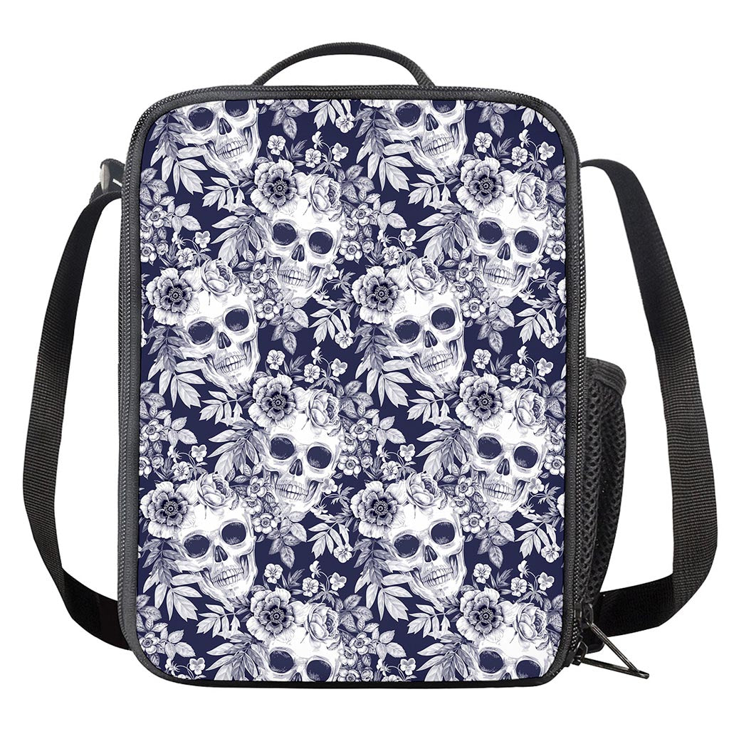 White Blue Skull Floral Pattern Print Crossbody Lunch Bag