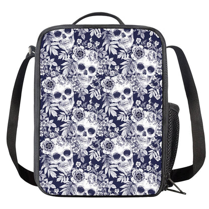 White Blue Skull Floral Pattern Print Crossbody Lunch Bag