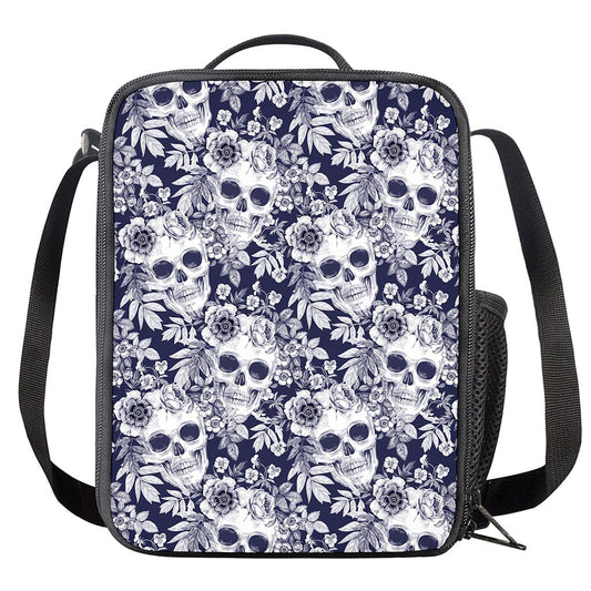 White Blue Skull Floral Pattern Print Crossbody Lunch Bag