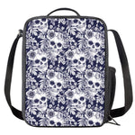 White Blue Skull Floral Pattern Print Crossbody Lunch Bag