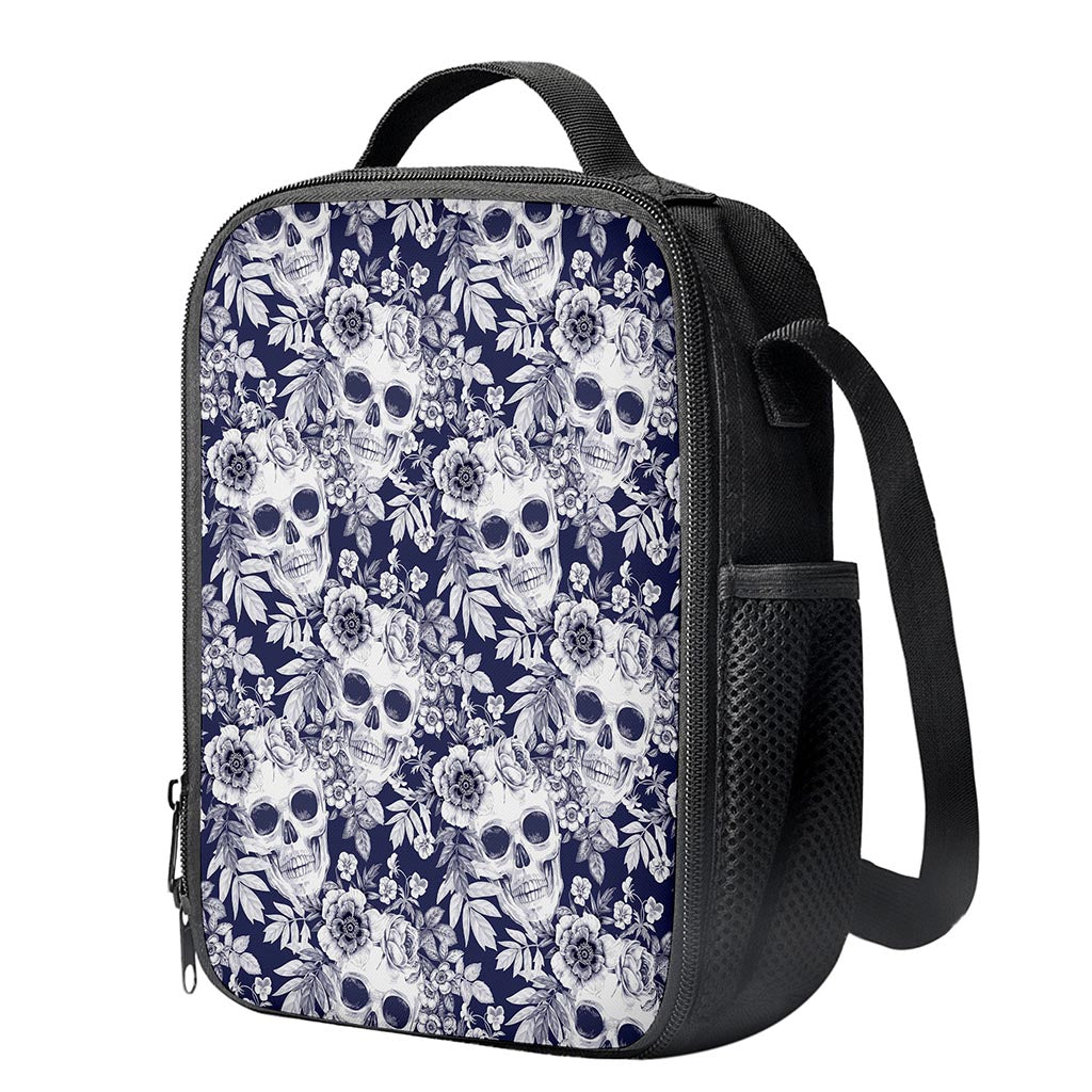 White Blue Skull Floral Pattern Print Crossbody Lunch Bag
