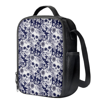 White Blue Skull Floral Pattern Print Crossbody Lunch Bag