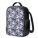 White Blue Skull Floral Pattern Print Crossbody Lunch Bag