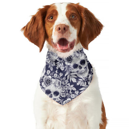 White Blue Skull Floral Pattern Print Dog Bandana