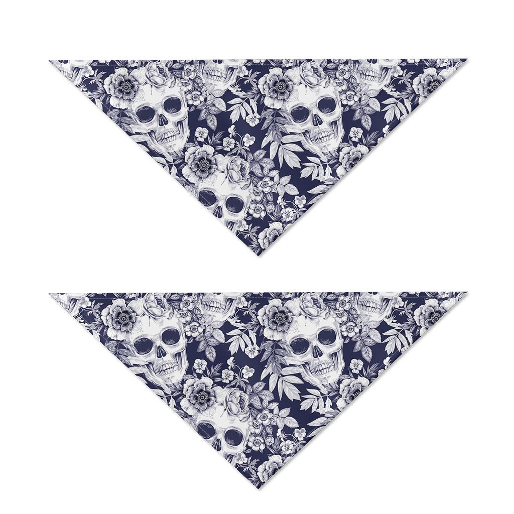 White Blue Skull Floral Pattern Print Dog Bandana
