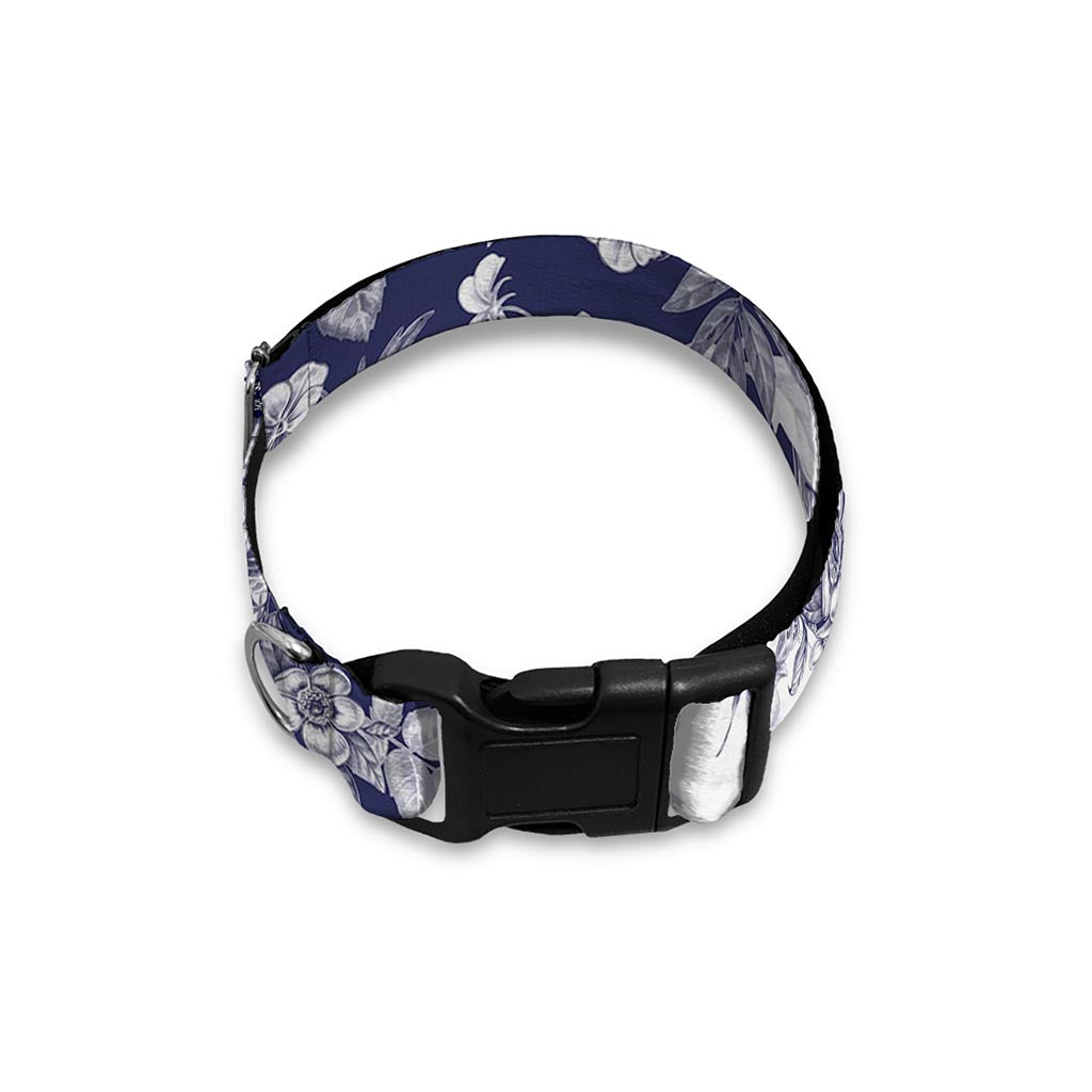 White Blue Skull Floral Pattern Print Dog Collar