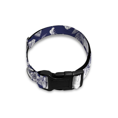 White Blue Skull Floral Pattern Print Dog Collar