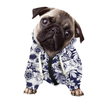 White Blue Skull Floral Pattern Print Dog Zip Up Hoodie