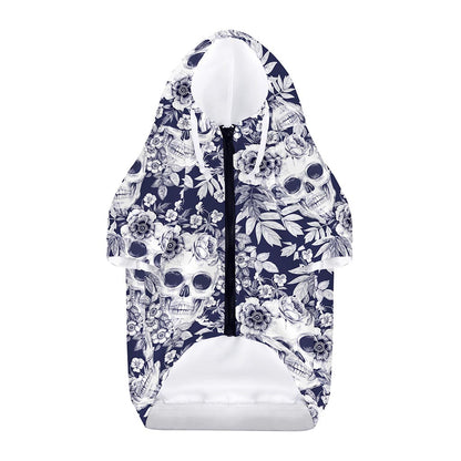 White Blue Skull Floral Pattern Print Dog Zip Up Hoodie