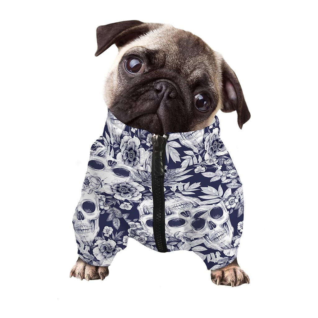 White Blue Skull Floral Pattern Print Dog Zip Up Jacket