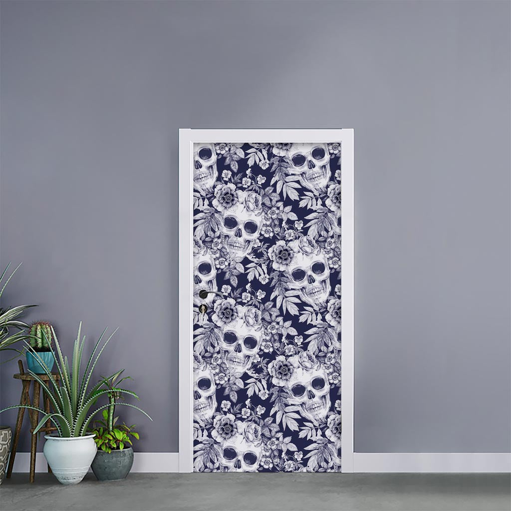 White Blue Skull Floral Pattern Print Door Sticker