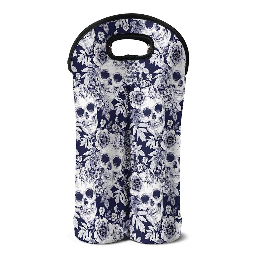White Blue Skull Floral Pattern Print Double Neoprene Wine Tote
