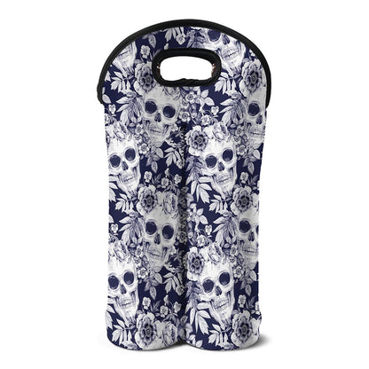 White Blue Skull Floral Pattern Print Double Neoprene Wine Tote