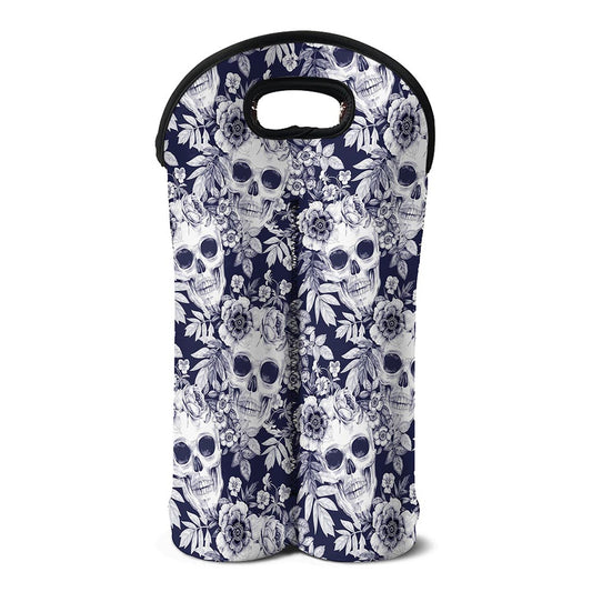 White Blue Skull Floral Pattern Print Double Neoprene Wine Tote