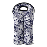 White Blue Skull Floral Pattern Print Double Neoprene Wine Tote