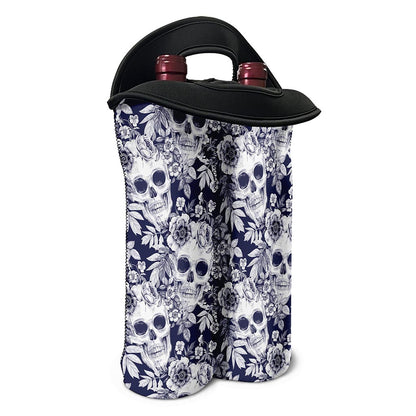 White Blue Skull Floral Pattern Print Double Neoprene Wine Tote