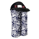 White Blue Skull Floral Pattern Print Double Neoprene Wine Tote